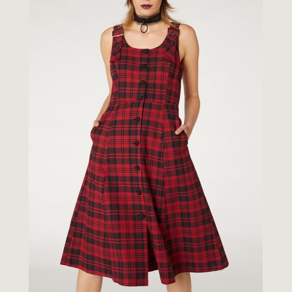 NWT Dangerfield Red Black Tartan Plaid Punk Overall Button Front Midi Dress - Picture 1 of 6